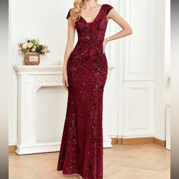 Luxe V neck sequin formal evening party dress - Picture 3 of 7